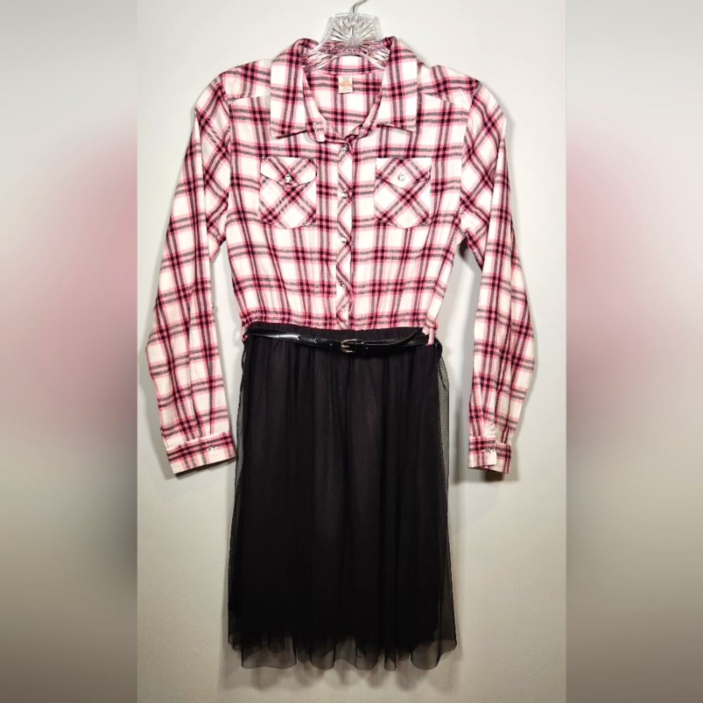 Sweet Butterfly Girls Long Sleeve Plaid and Tulle 2Fer Dress- Size 14-16